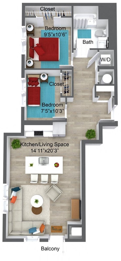 Floor plan for 2 beds, 1 bath, 842 sqft